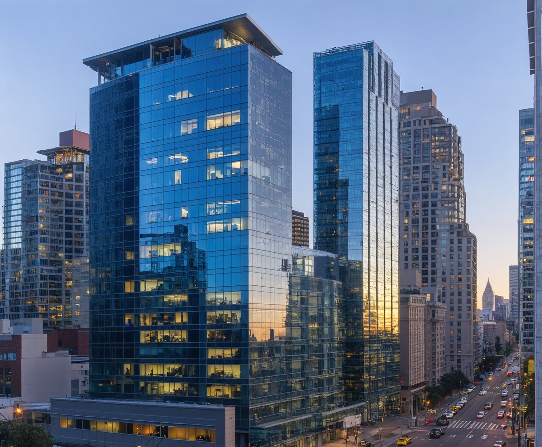 Вид на современный бизнес-центр в финансовом квартале Сан-Франциско во время заката